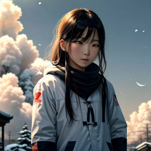 a woman standing in front of a sky filled with clouds and stars with a scarf around her neck and a scarf around her neck