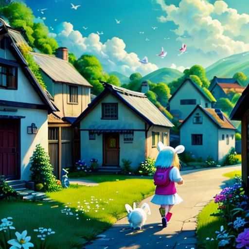a girl walking down a street next to a dog and a house with a cat on it's back