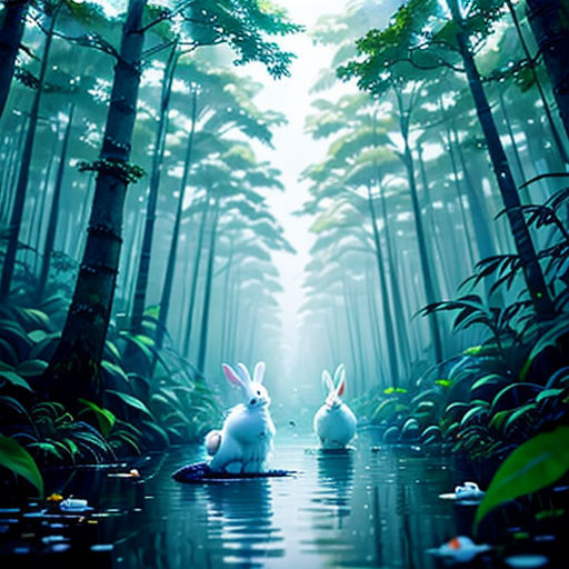 two rabbits sitting in the middle of a forest with water and trees in the background, with a bright light coming from the top of the trees