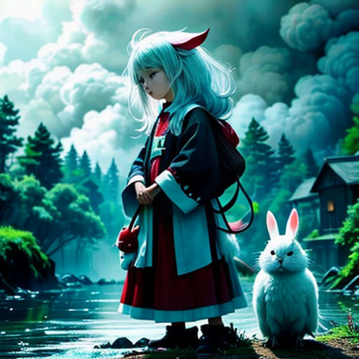a girl with a rabbit in front of her and a cat in the background, with a sky background