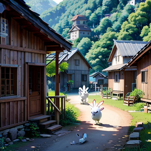 a couple of animals that are standing in the dirt road in front of some houses and trees and mountains
