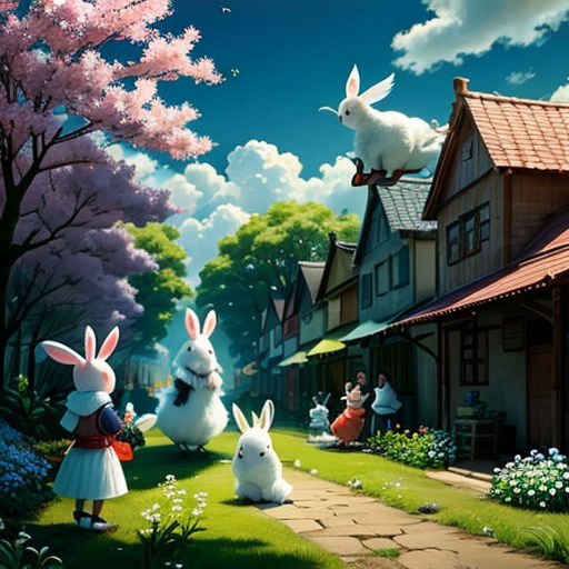 a painting of a rabbit and two rabbits in a garden with a house and trees in the background and people in the background
