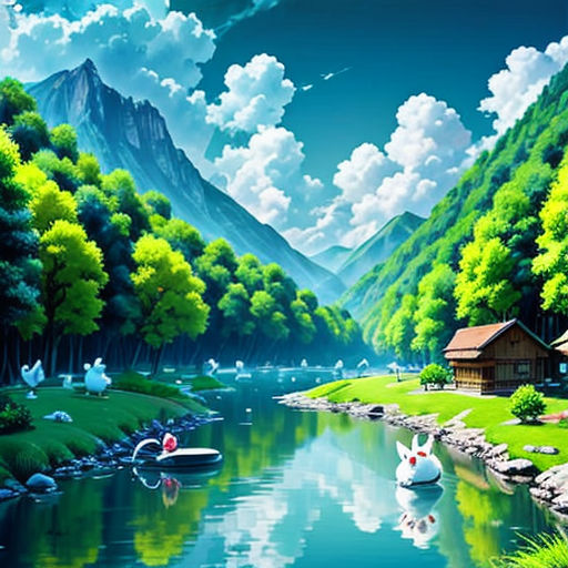 a painting of a river with a house and swans in the water and mountains in the background with clouds