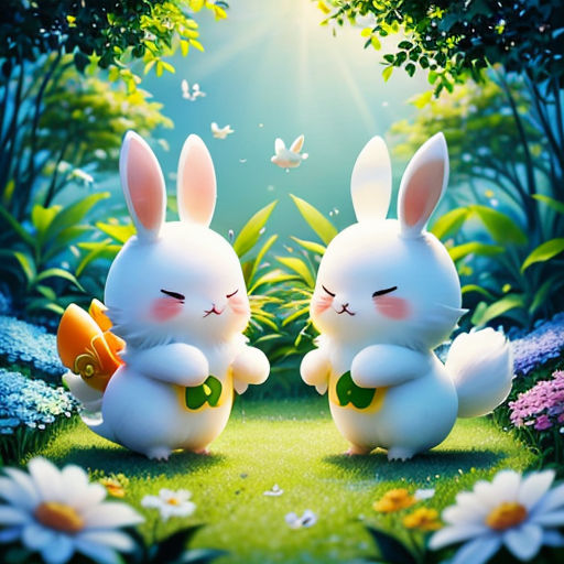 two white rabbits sitting in the grass with flowers and butterflies around them, with a butterfly flying above them