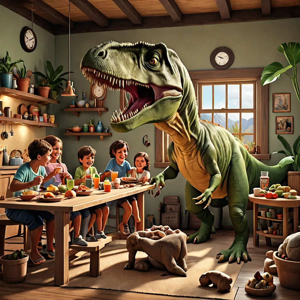 a dinosaur is eating at a table with children around it and a clock on the wall behind it and a clock on the wall, photorealism, a storybook illustration, Adam Rex, highly detailed digital painting