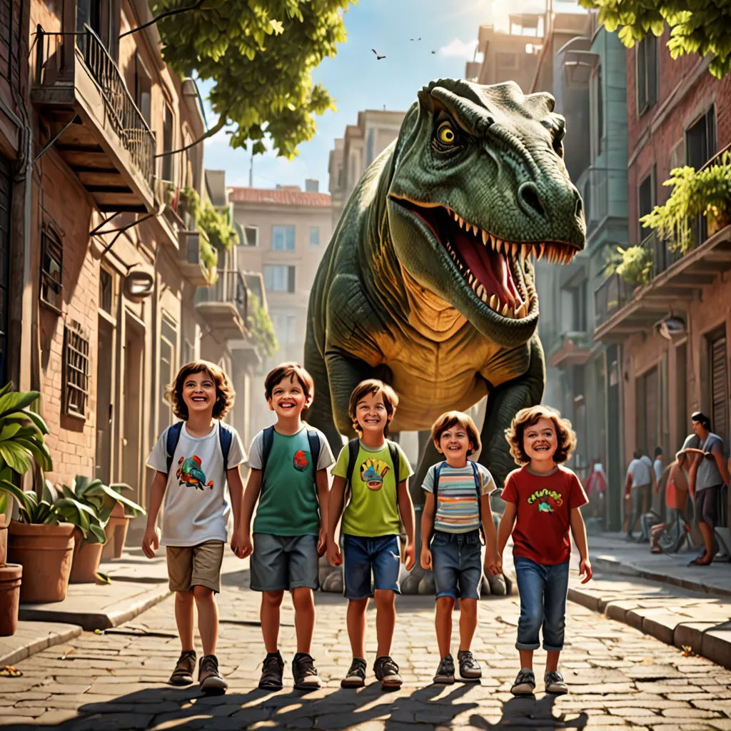 a group of children walking down a street next to a dinosaur statue in the middle of a city street, photorealism, a detailed matte painting, Adam Rex, promotional image