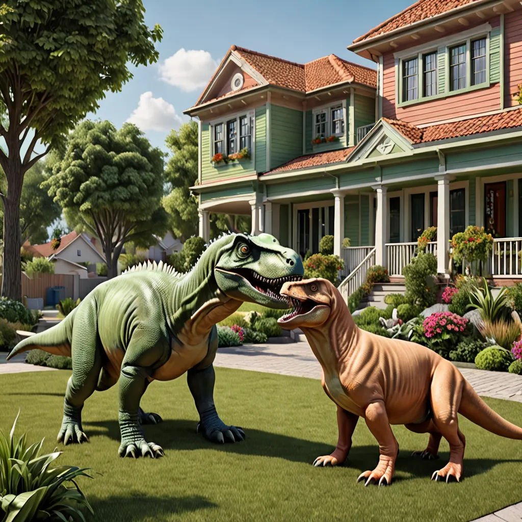 two dinosaurs in front of a house with a lawn and flowers in front of them, one is biting the other, american scene painting, a digital rendering, Chris LaBrooy, promotional image