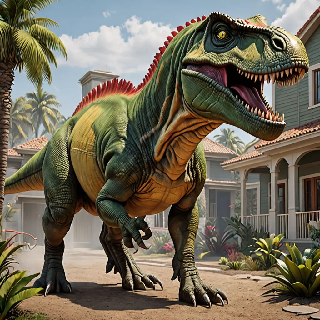 a dinosaur is standing in front of a house with palm trees and a house in the background with a palm tree, photorealism, computer graphics, Adam Rex, promotional image
