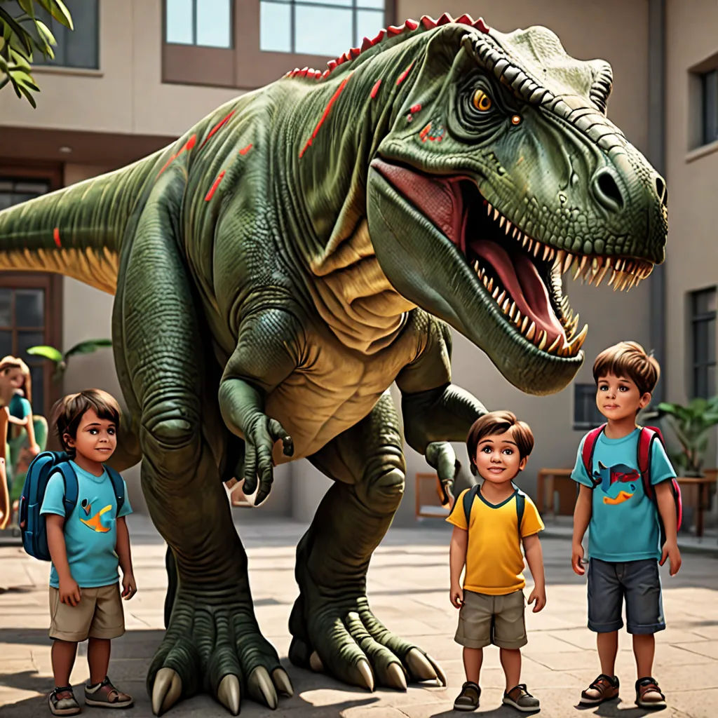 a group of children standing next to a dinosaur statue in a courtyard area of a building with a large building in the background, photorealism, an ambient occlusion render, Adam Rex, promotional image