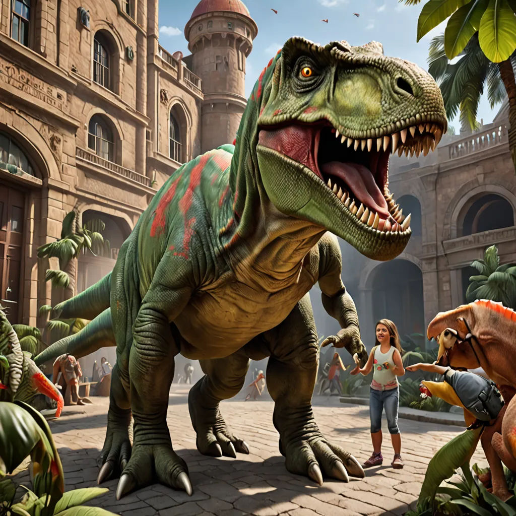 a group of children playing with a dinosaur in a museum setting with a large building in the background and a woman standing in front of the dinosaur, photorealism, computer graphics, Adam Rex, promotional image