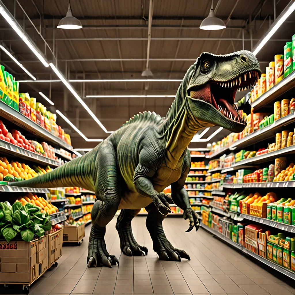 a dinosaur in a grocery store with a lot of food in the background and a display of drinks in the foreground, photorealism, a stock photo, Adam Rex, ultra realistic digital art