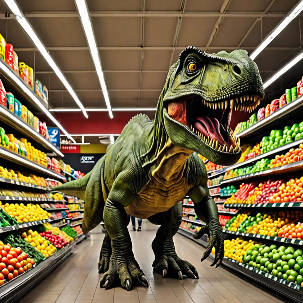 a dinosaur in a grocery store with a lot of fruit in the background and a person in the foreground, photorealism, a digital rendering, Adam Rex, ultra realistic digital art