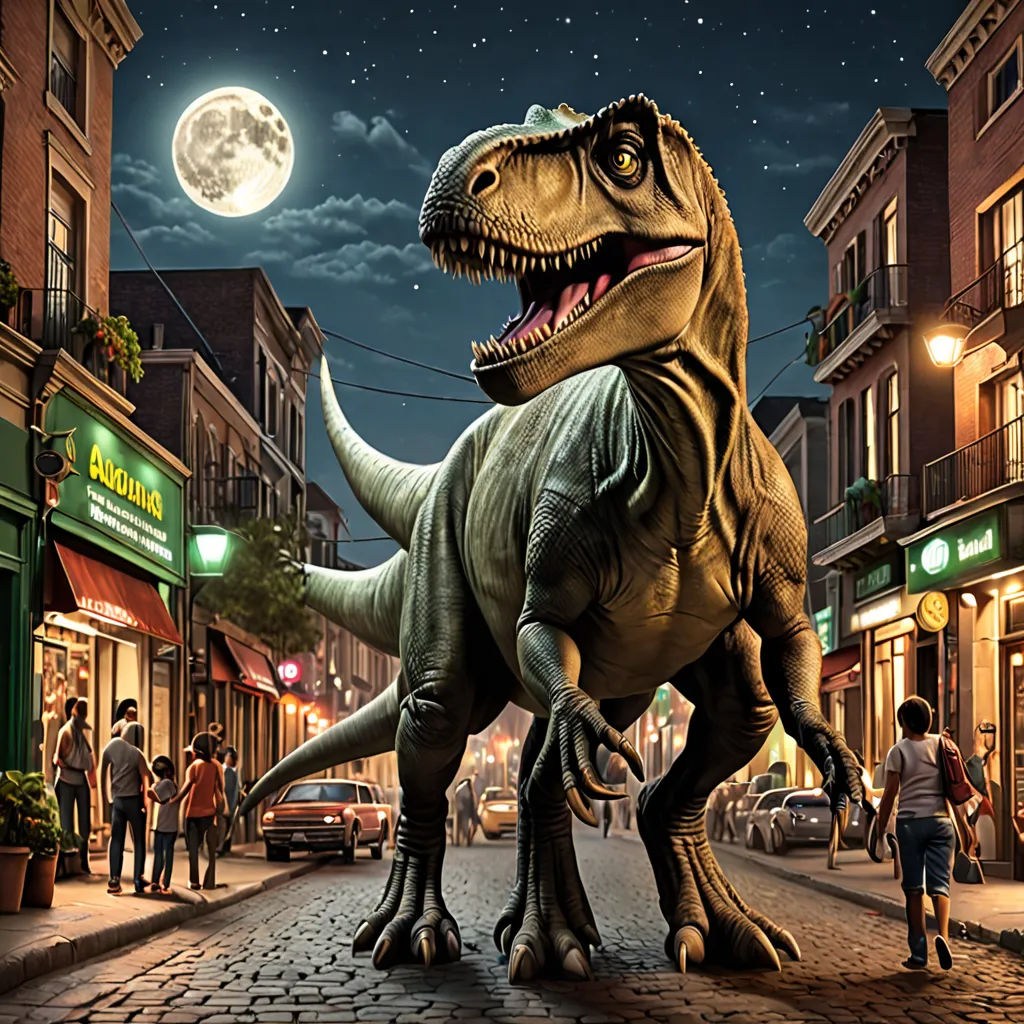 a dinosaur statue is standing in the middle of a street at night with people walking around it and a full moon in the sky, photorealism, a digital rendering, Adam Rex, promotional image