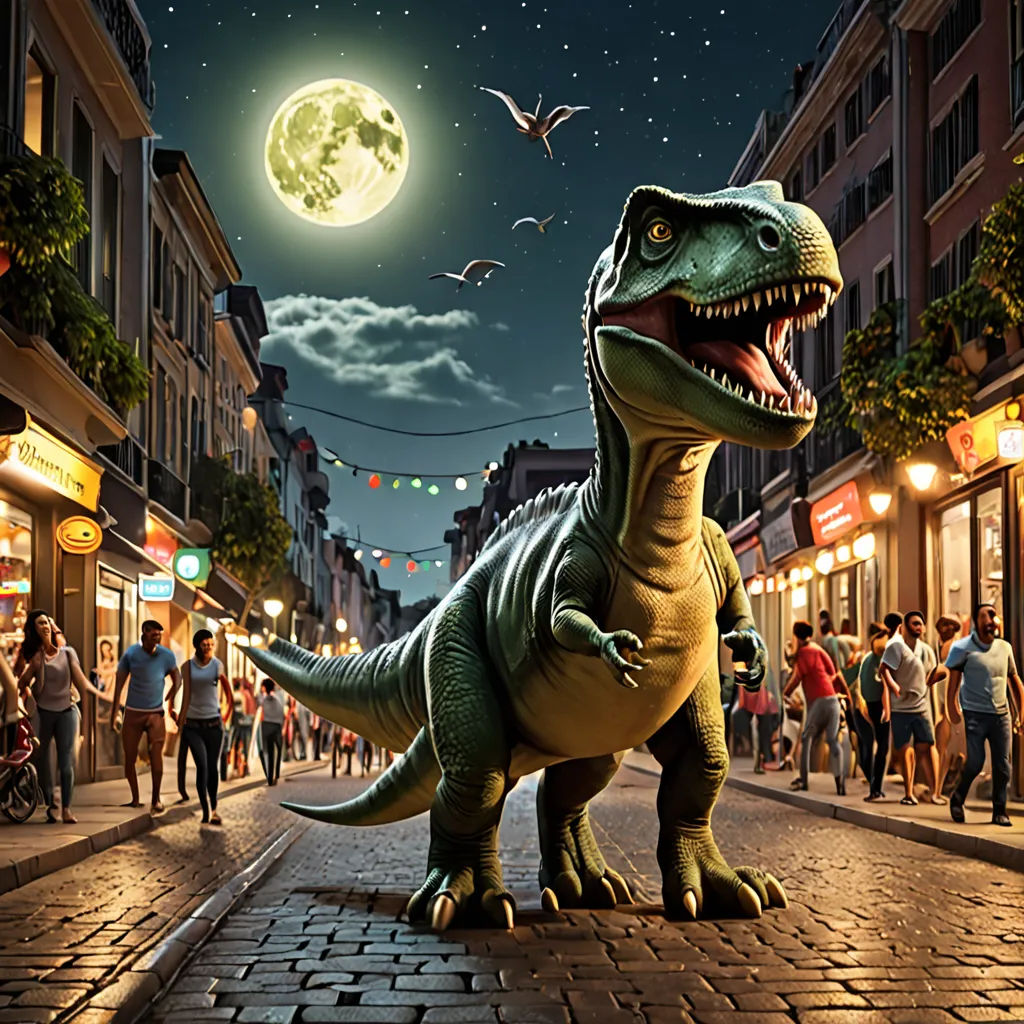 a large dinosaur statue on a city street at night with people walking around it and a full moon in the sky, fantastic realism, a stock photo, Adam Rex, photoreal