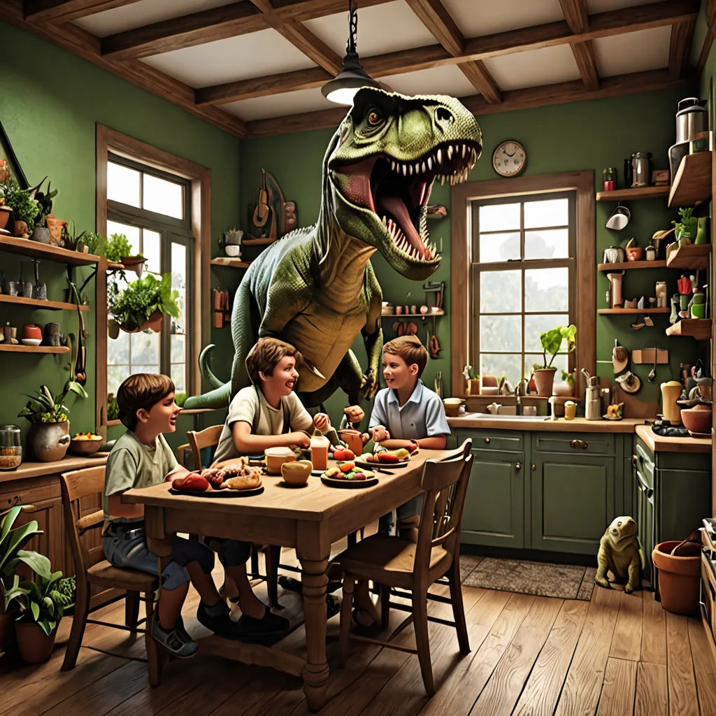 a dinosaur is eating at a table with two children sitting at it and a man standing in front of the table, photorealism, a storybook illustration, Adam Rex, promotional image