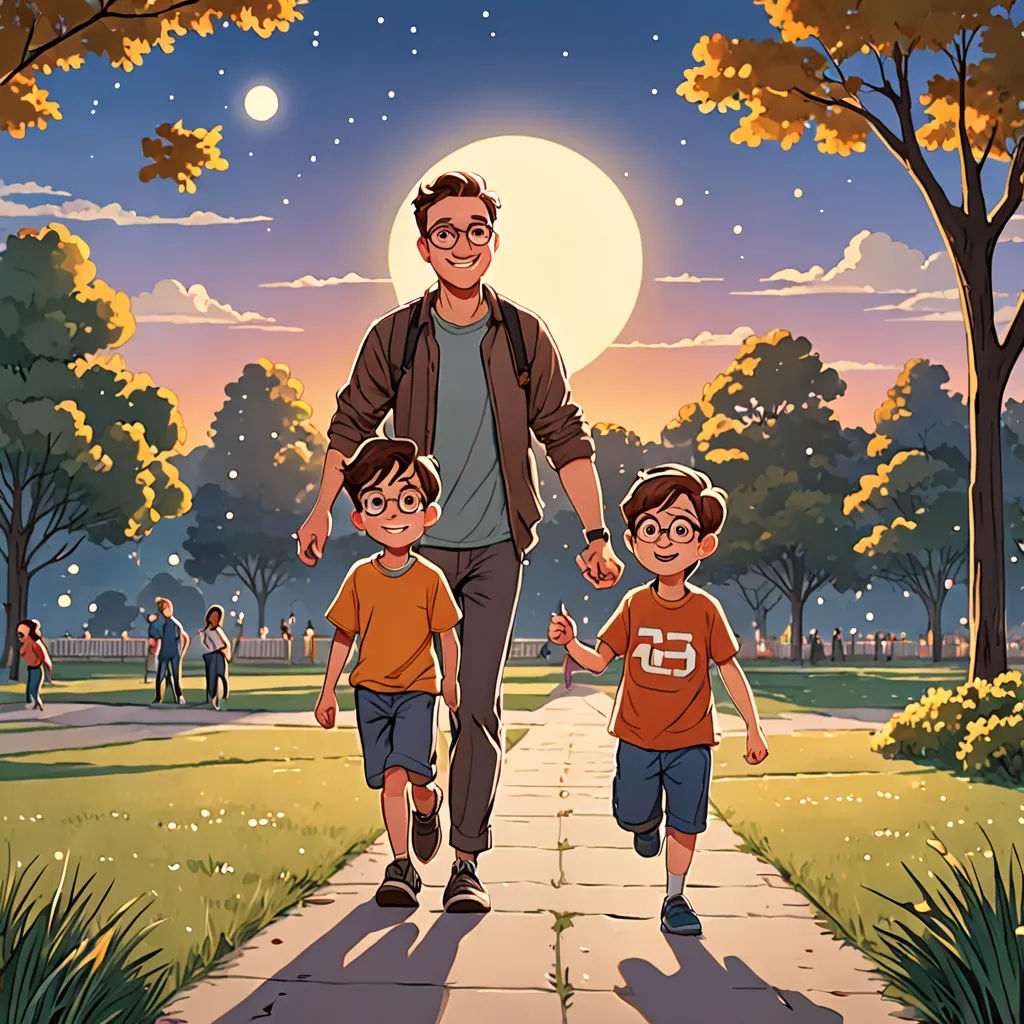 a man and two children walking down a sidewalk in a park at night with the moon in the background, serial art, a storybook illustration, Asaf Hanuka, rossdraws global illumination