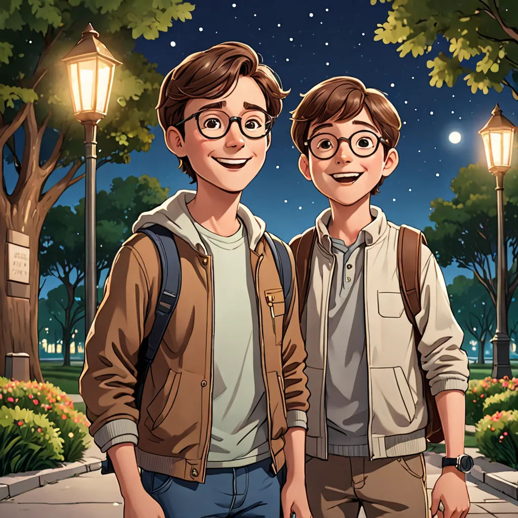 two young men standing next to each other in front of a street light at night with a full moon in the sky, serial art, a comic book panel, Brothers Hildebrandt, official art