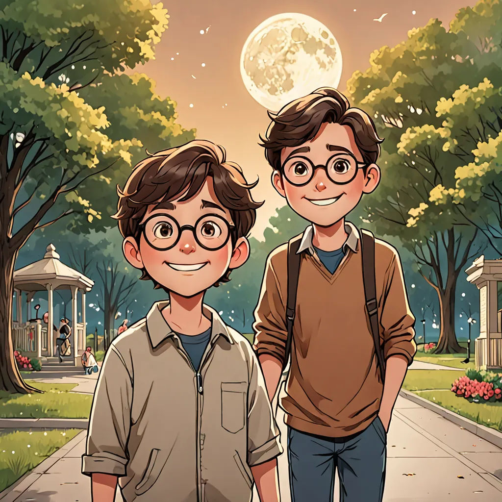 two young boys standing next to each other on a sidewalk in front of a park with a full moon, dau-al-set, a comic book panel, Brothers Hildebrandt, comic cover art