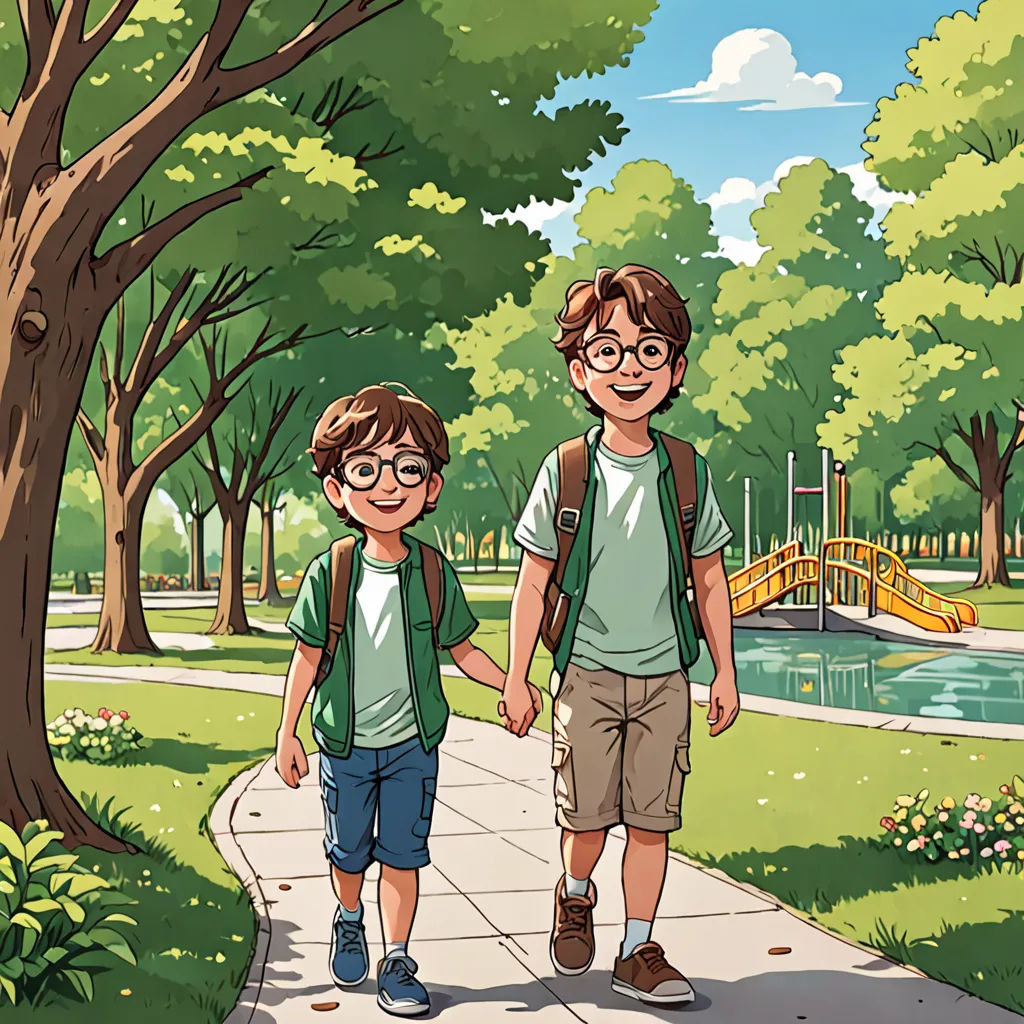 a couple of kids walking down a sidewalk holding hands and holding hands with each other in front of a park, lyco art, a storybook illustration, Brothers Hildebrandt, official art