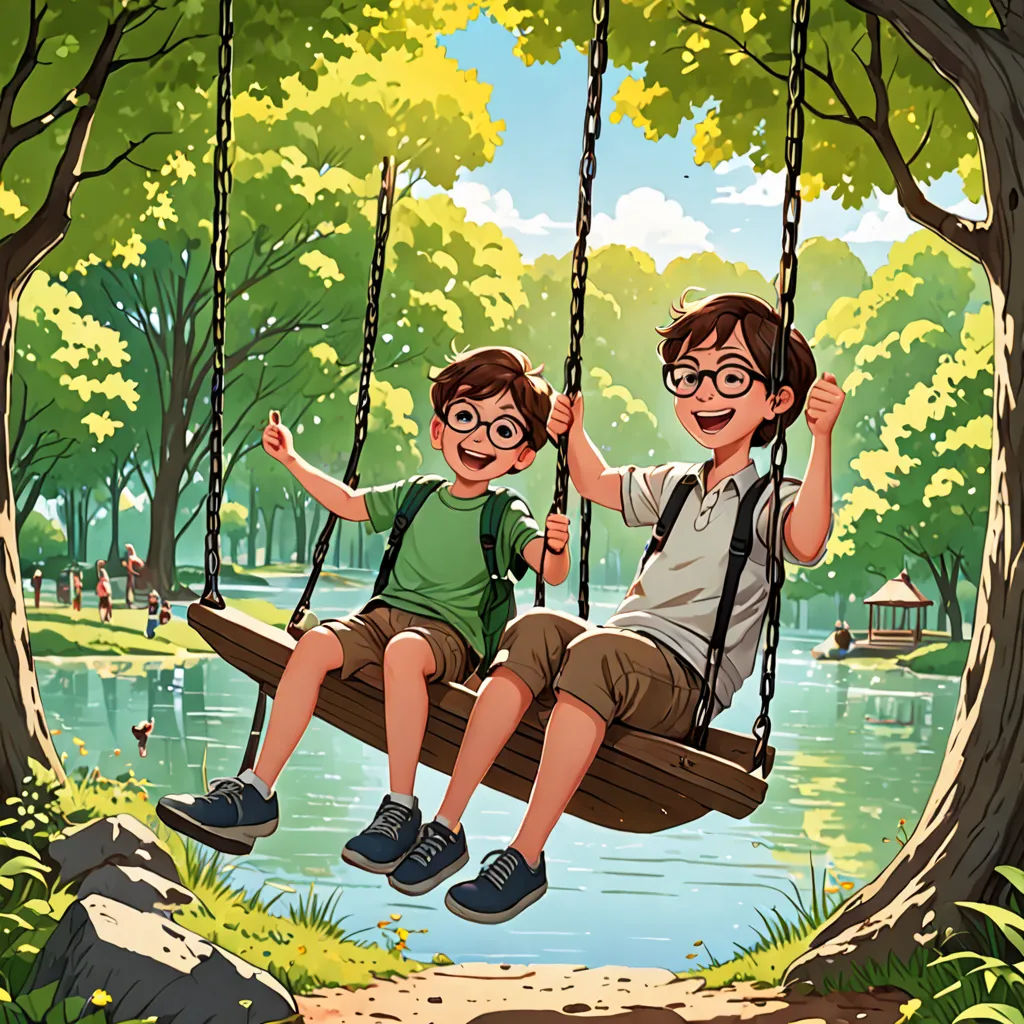 a boy and a boy sitting on a swing in a park by a lake, with a boy on the swing, american scene painting, a storybook illustration, Brothers Hildebrandt, official art
