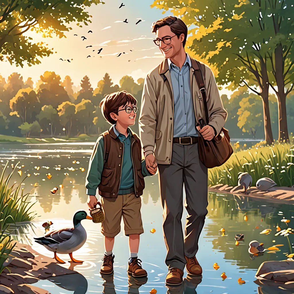 a man and a boy are walking in the water with ducks in the background and a pond with ducks, american scene painting, a storybook illustration, Brothers Hildebrandt, official art