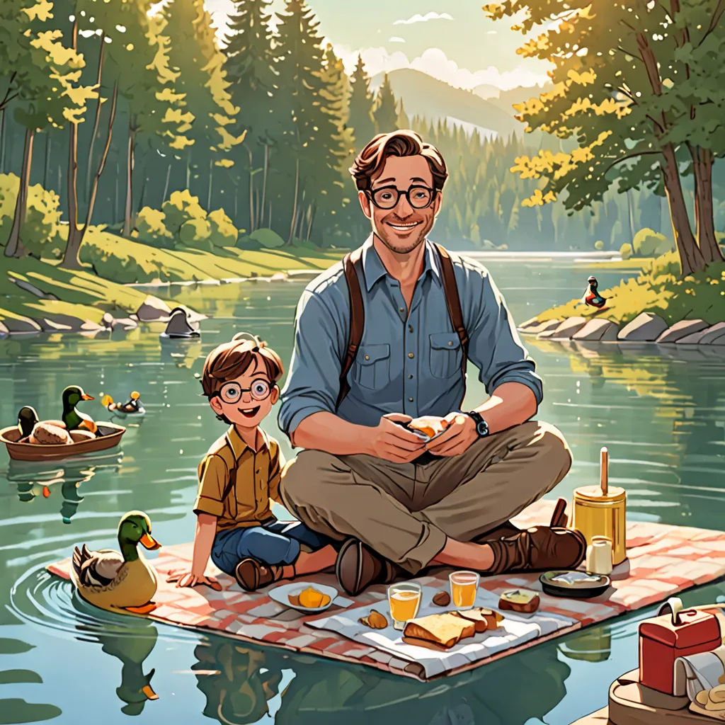 a man and a child sitting on a picnic blanket in the water with ducks and ducks in the background, american realism, a storybook illustration, Diego Gisbert Llorens, storybook illustration