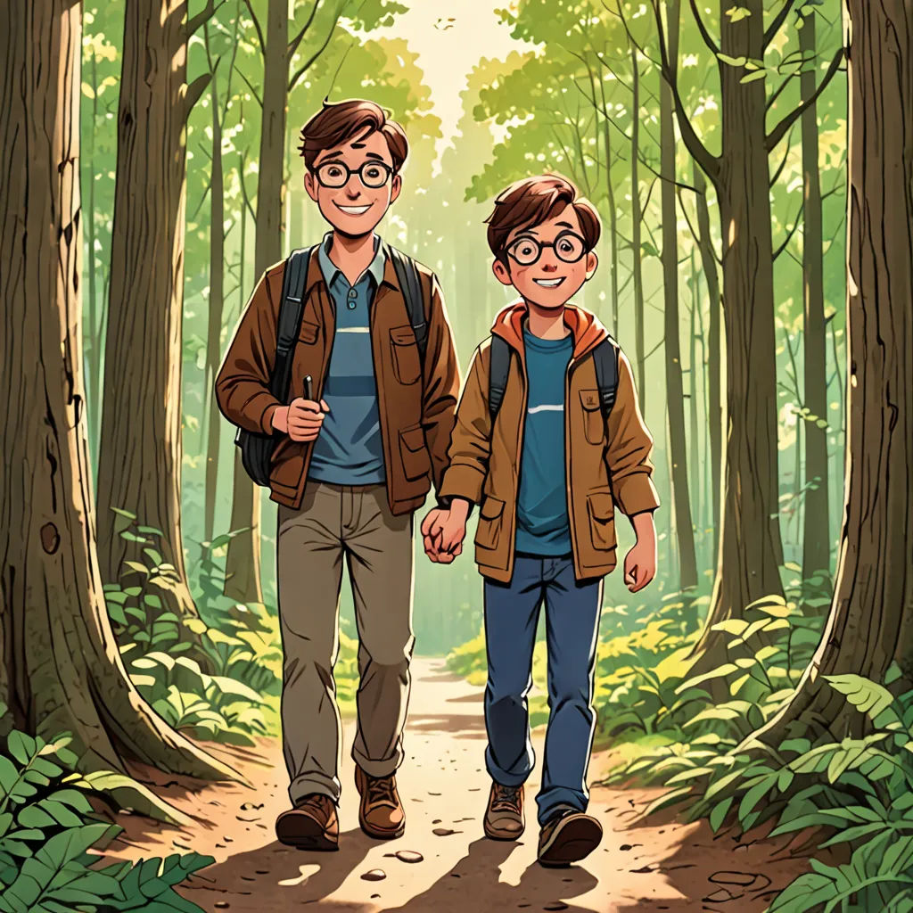 two people walking down a path in the woods together, one is wearing a backpack and the other is wearing a jacket, private press, a comic book panel, Brothers Hildebrandt, comic cover art