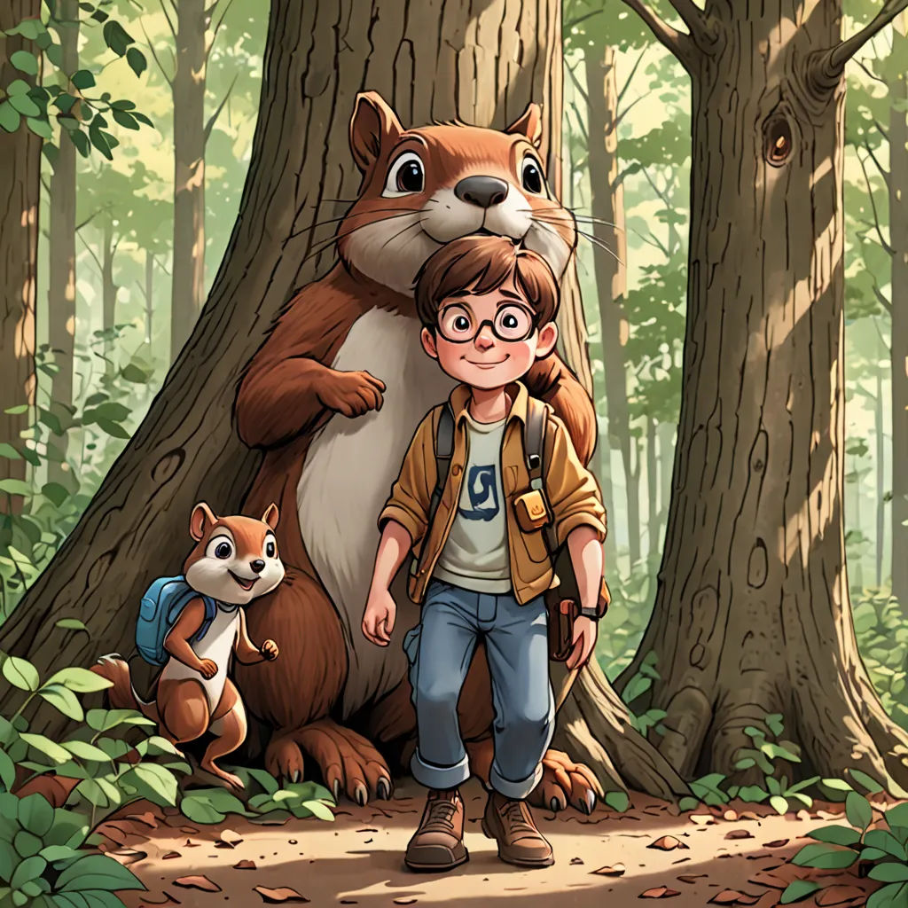 a boy and a squirrel in a forest with trees and leaves on the ground and a forest with trees and leaves on the ground, sots art, a storybook illustration, Diego Gisbert Llorens, comic cover art