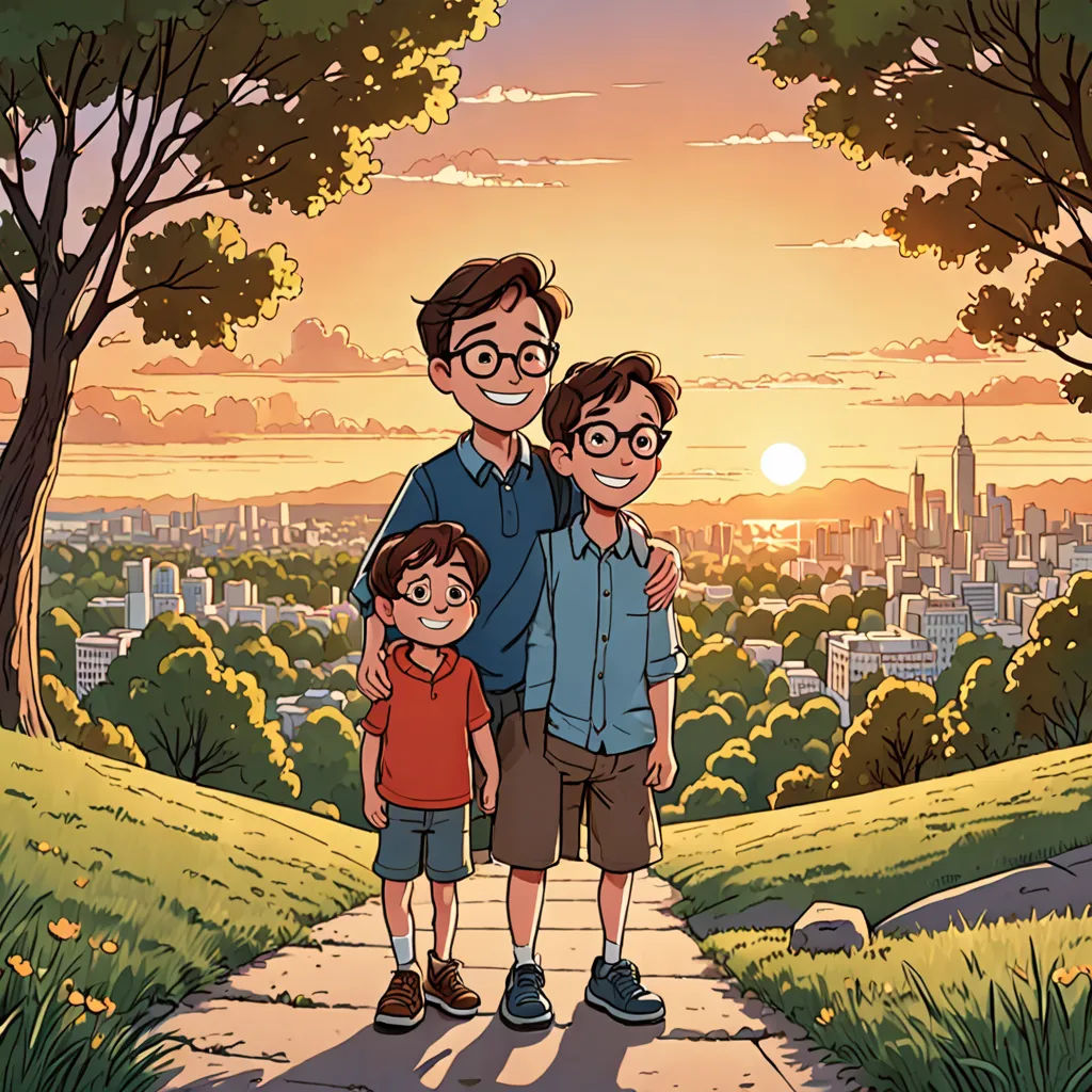 a man and two children standing on a path in a park with a city in the background at sunset, private press, a comic book panel, Asaf Hanuka, yukito kishiro