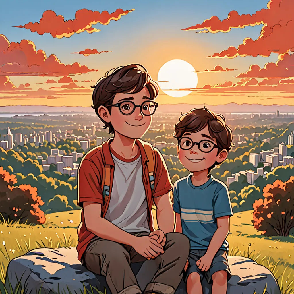 a boy and a boy sitting on a rock in a field with a sunset in the background and a city in the distance, serial art, a comic book panel, Asaf Hanuka, comic cover art