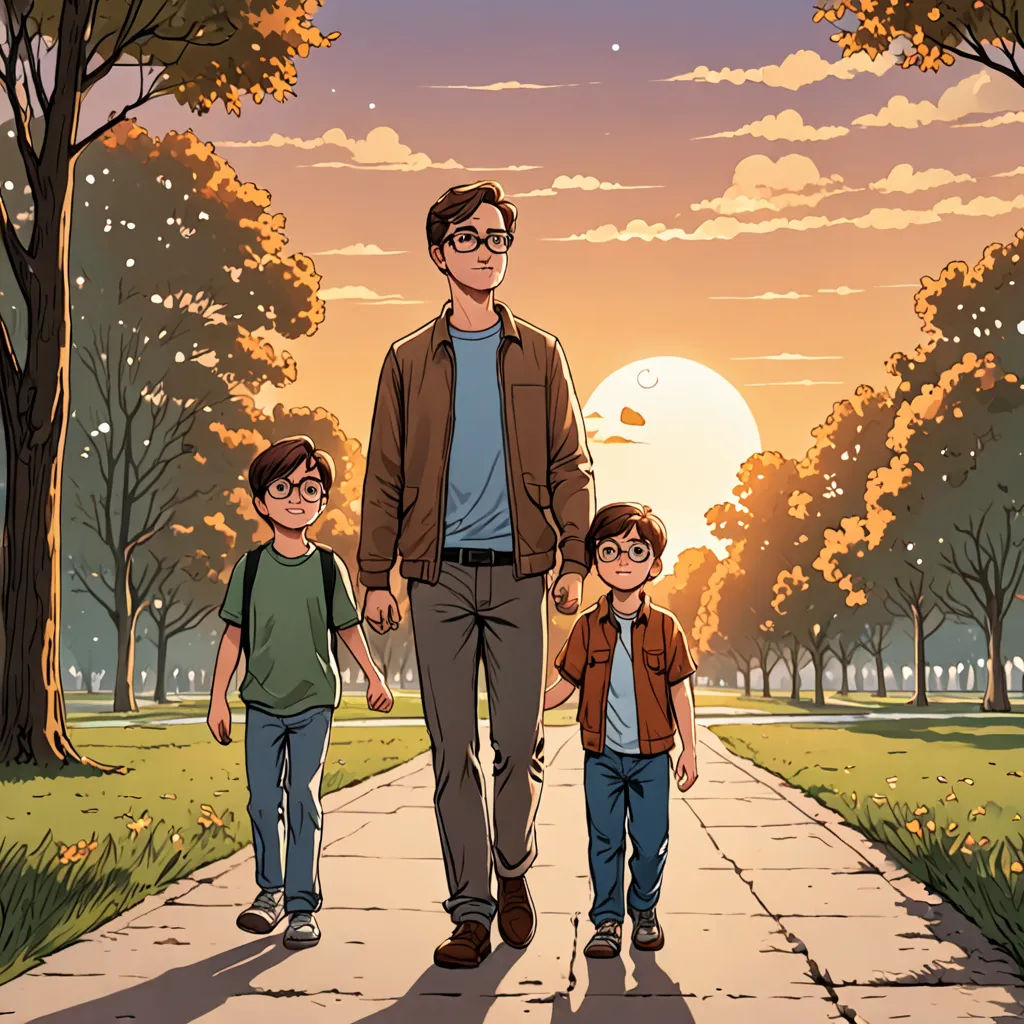 a man and two boys walking down a sidewalk in a park at sunset with the sun setting behind them, private press, a comic book panel, Asaf Hanuka, comic cover art