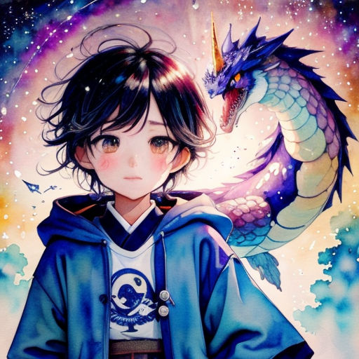 a girl with a dragon on her shoulder and a blue coat on her shoulders, standing in front of a purple and blue background