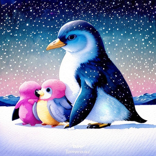 a painting of a penguin and two babies in the snow with a night sky background and stars in the sky