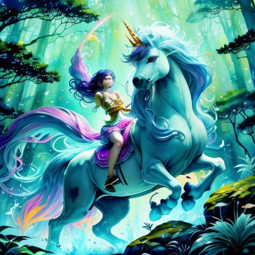 a girl riding on the back of a white unicorn in a forest with trees and stars on its back