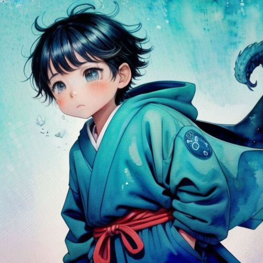a painting of a young boy in a blue kimono with a dragon tail on his back and a blue background