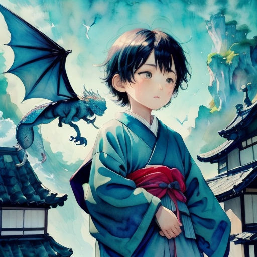 a young boy in a blue kimono with a dragon flying over him and a building in the background