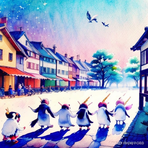 a painting of penguins walking down a street in a town with houses and birds flying overhead and a person walking away