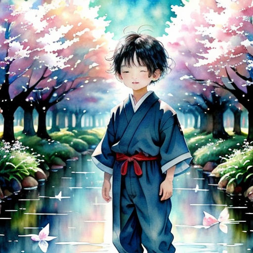 a painting of a boy in a kimono walking down a path in a park with trees and flowers