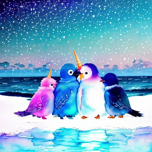 a painting of three penguins standing on a beach under a night sky with stars and a shooting star in the sky