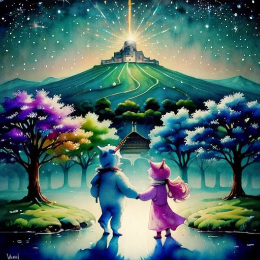 a painting of a couple holding hands in front of a castle with a sky background and stars above them