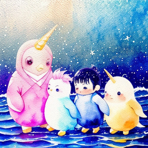 a painting of a group of little kids in the ocean with a unicorn on top of them and a penguin on the bottom