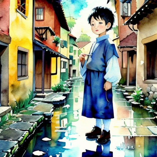 a painting of a boy standing in the rain in a village with a puddle of water on the ground