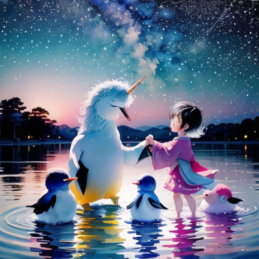 a little girl feeding a unicorn and penguins in the water at night with stars in the sky above them