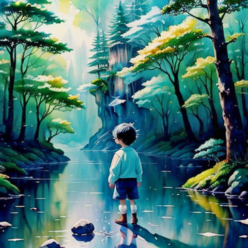 a painting of a boy standing on a rock looking at a river and trees in the background with a waterfall