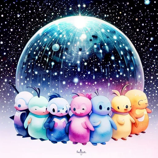 a group of little cartoon animals standing in front of a snow globe with stars in the background and a bright light shining on the sky