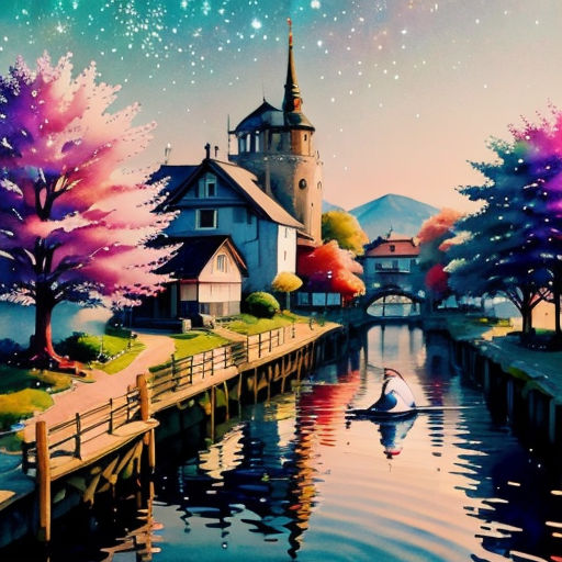 a painting of a lake with a church and a bridge in the background and a person in a boat in the water