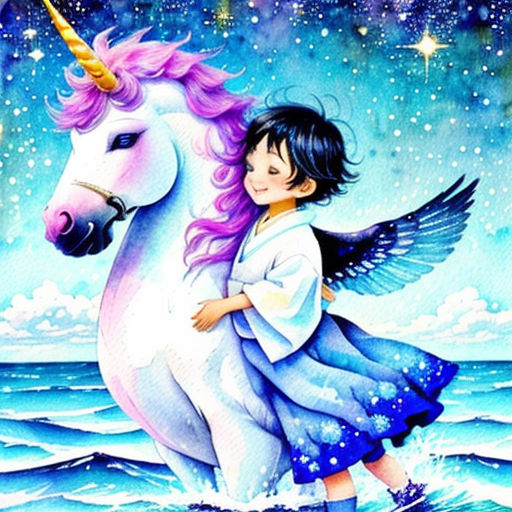 a girl is riding a unicorn in the ocean with a star in the sky above her head and a star in the sky above her head