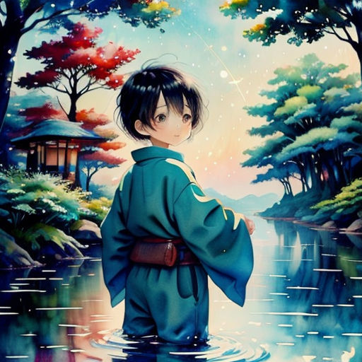a painting of a person standing in a river with trees and a house in the background, with a sky background