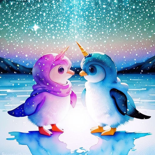 two birds are standing on a ice floe with a star in the background and a sky filled with stars