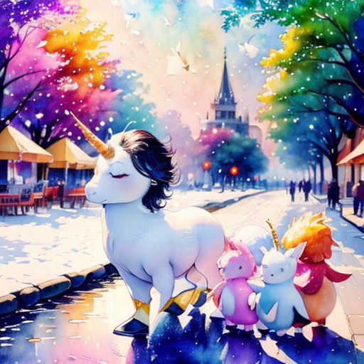 a painting of a unicorn and two little unicorns on a rainy day with a church in the background